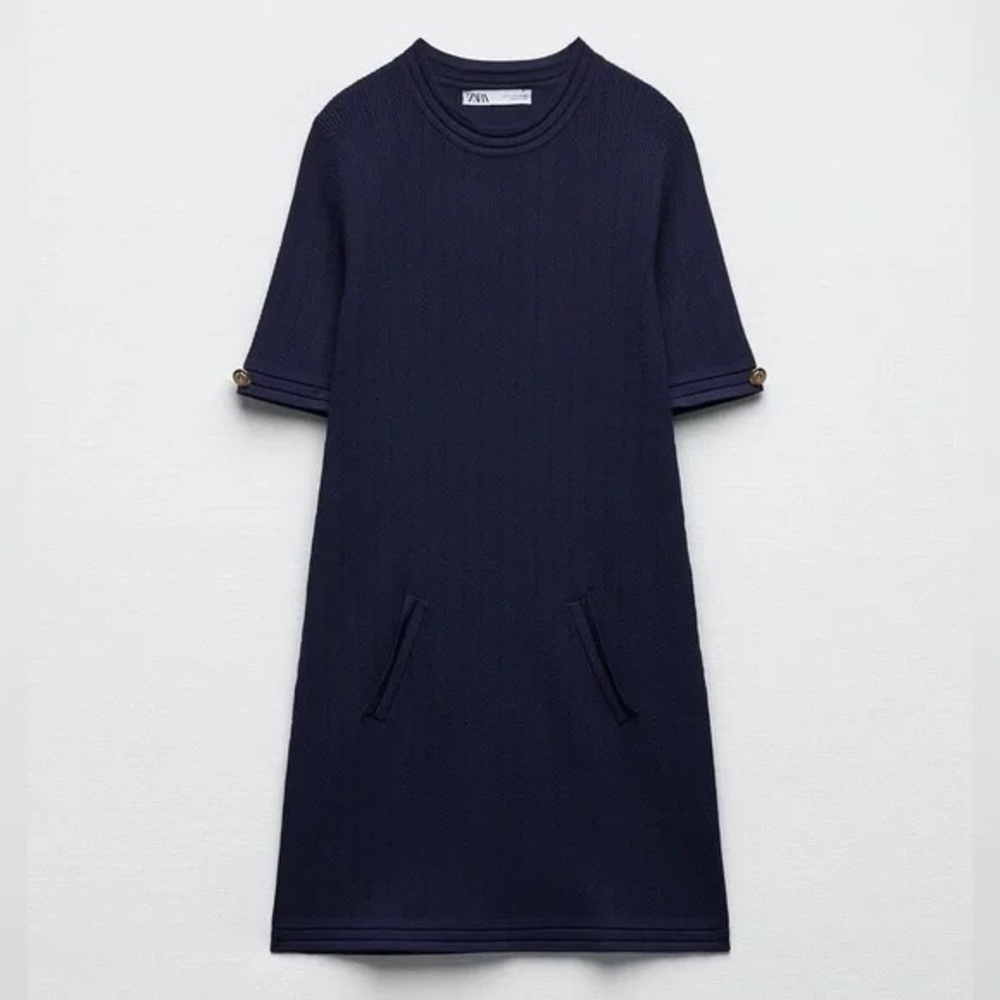 ZARA Navy Blue Knit Mini Dress Gold Buttons Short Sleeve Size Medium